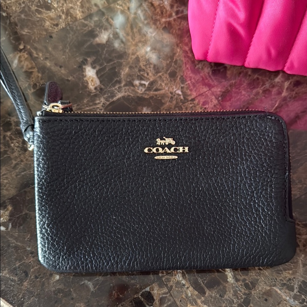 Coach Black Leather Wristlet with Gold Logo